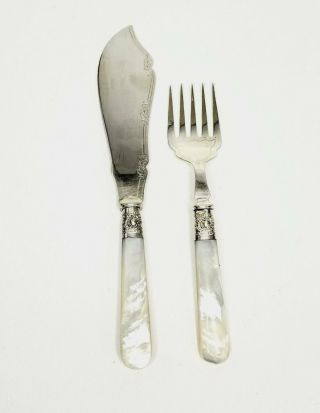 Vtg Mother Of Pearl Fish Serving Knife & Fork Set Engraved Etched 1920