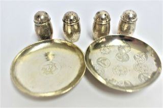 2 Chinese Export Silver Dishes & 4 Bamboo Salt & Pepper Shakers