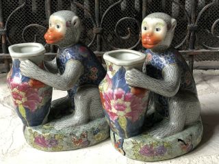 Rare Pair Vintage Gumps Monkey Bookends W@w Vases Antique Ceramic Pottery Flower
