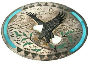 Vtg Navajo Artist Bb Belt Buckle Bobby Begay Turquoise Mop Eagle Inlay Sterling