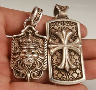 2 Rare Chinese Tibetan Silver Pendant Statue Lion Cross Handicraft Collec Gift