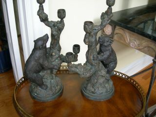 Maitland Smith Vintage Patinated Bronze Bear On Branch Candle Holders