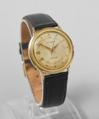 Vintage WITTNAUER Men ' s Gold Plated Automatic Watch Leather Band Line Burst Dial 2