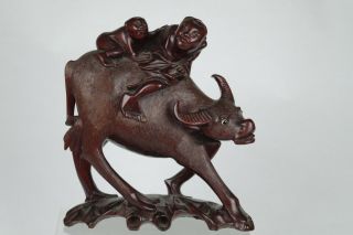 Fantastic Antique Oriental Hand Carved Hard Wood Figure Of An Ox And Two Figures