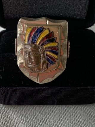 Vintage Native American Indian Chief Ring Sterling Silver And Enamel