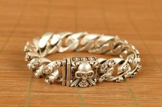 Rare Old Tibet Miao Silver Hand Carving Skull Statue Bracelet Noble Gift
