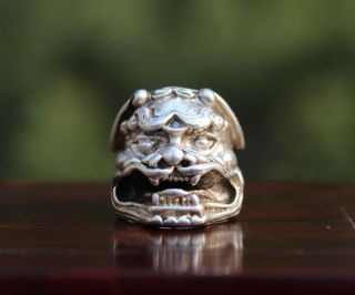 Chinese Miao Jewelry Silver Handwork Flexible Caliber Foo Dog Lion Finger Ring