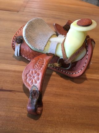 Vintage Horse Saddle Mini Toy Doll Tooled Leather Tiny 3x2