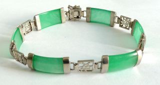 A Vintage 1960s Silver Bracelet With Chinese Pale Green Jade Sections
