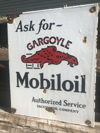 Vintage Gargoyle Mobiloil Porcelain Sign Food Gas Oil Pump Plate Station