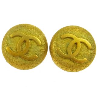 Authentic Chanel Vintage Cc Logos Button Earrings Gold Clip - On 1.  0 " T03879