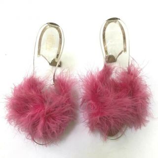 Vintage 50s/60s/ Hot Pink Marabou Feather Lucite High Heel Mules Slides Fab