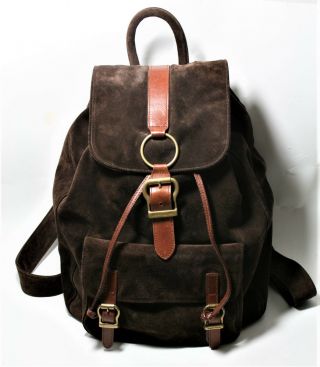 Vintage Ralph Lauren Drawstring Suede Leather Backpack Bag Dark Brown Vtg