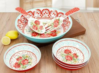 Pioneer Woman Melamine Vintage Floral 7 Piece Serveware Set Serving Bowls Fork