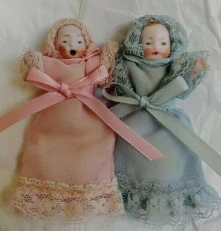 Antique German Bisque Baby Dolls Girl & Boy,  1 Rare Bottle Mouth 2 1/2 " Jointed