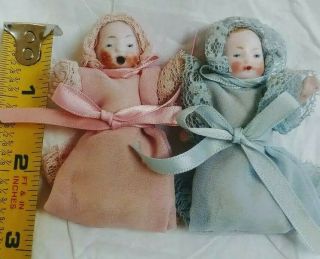 Antique German Bisque Baby Dolls Girl & Boy,  1 RARE Bottle Mouth 2 1/2 
