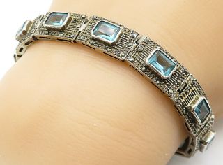 925 Sterling Silver - Vintage Topaz & Marcasite Square Chain Bracelet - B4405