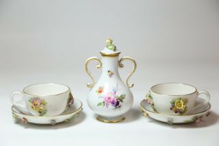 Antique Meissen Porcelain Floral Encrusted Miniature Tea Cups & Saucers With Jug