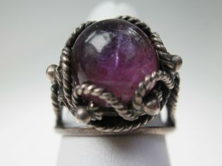 ESTATE MEXICO STERLING SILVER AMETHYST CABOCHON POISON RING SZ 5.  75 3