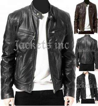 Mens Vintage Cafe Racer Black Brown Leather Slim Fit Real Biker Jacket