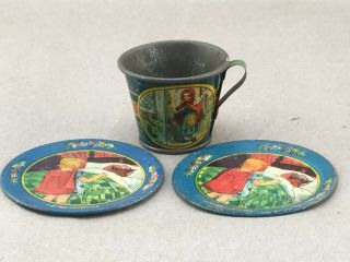 Vintage Child’s Toy Tin Litho Red Riding Hood Cup & 2 Plates