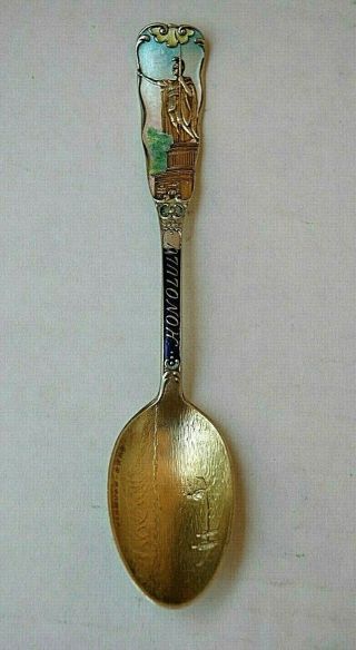 Antique Gorham Enamel Sterling Silver Gold Wash Honolulu Hawaii Souvenir Spoon