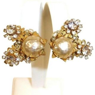 Vintage Miriam Haskell Glass Baroque Pearl And Rhinestone Earrings