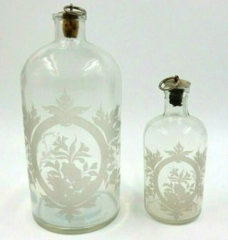 Set Of 2 Vintage Etched Clear Glass Bottles With Cork Stoppers Floral Design