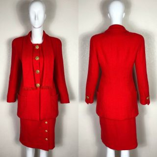 Rare Vtg Chanel 90s Orange Red Wool Scarf Skirt Suit W Gold Buttons Sz Xs