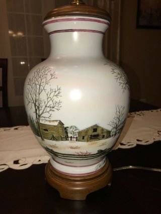 Vintage Bob Timberlake Signed Ceramic Table Lamp Wood Base,  White farm House. 6