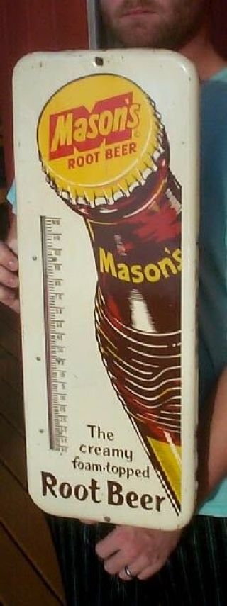 Vintage Rare 10inx26in Mason Root Beer Soda Pop Metal Thermometer Sign W/ Bottle