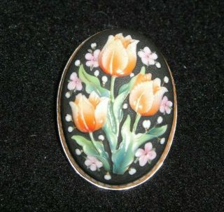 Exquisite Vintage Toshikane Japan Porcelain Tulips Pin Pendant