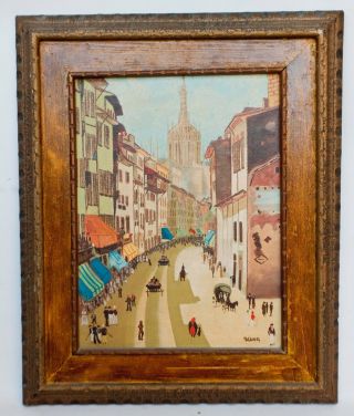 Vintage Street Scene Oil Painting By " A Luna " Milan Italy