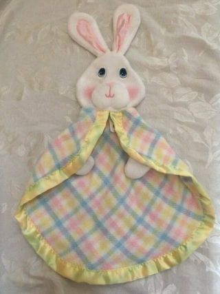 Vintage 1979 Fisher Price Pastel Plaid Satin Bunny Puppet Security Blanket 1353