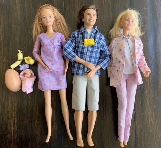 Happy Family Barbie Doll Pregnant Midge W/baby,  Husband Alan & Doctor Barbie