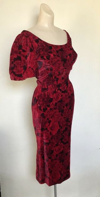 Vtg 50s Red Rose Print Silk Velvet Fitted Wiggle Skirt Dress Vlv Pin Up