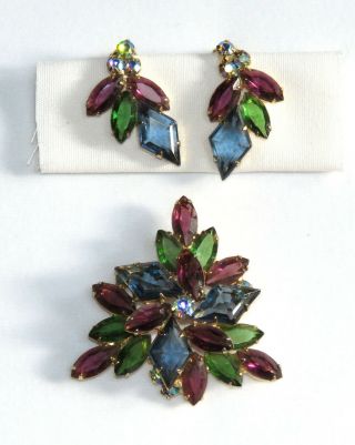 Coro Jewelry Set: Pin Brooch & Earrings Purple,  Green,  Blue Rhinestones 1940s