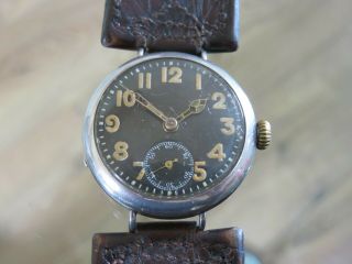 Vintage Military Ww1 Trench Silver Wrist Watch Black Dial Strap