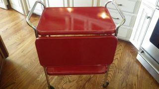 Vintage Cosco Red Metal Bar Serving Cart Drop Leaf Sides