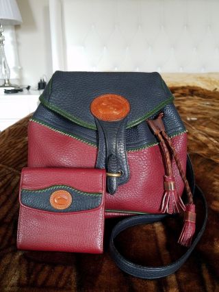Vintage Dooney & Bourke Teton Saddle Bag And Wallet In Rouge With Navy/ivy Trim