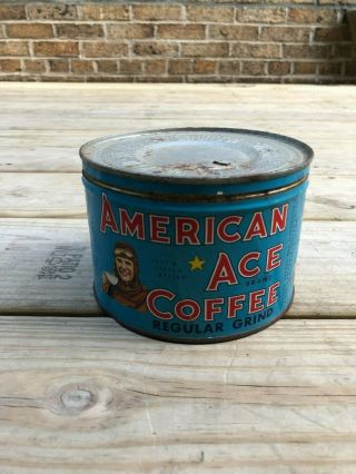 Vintage American Ace Coffee Tin Litho 1LB Keywind Nashville TN Antique Pilot Old 7