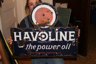 Rare Vintage 1928 Havoline Indian Motor Oil 2 Side 25 " Porcelain Metal Curb Sign