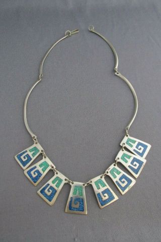 Vintage Alpaca Mexico Panel Tassel Lapis Green Turquoise Inlay Necklace
