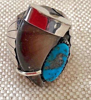 Turquoise And Faux Bear Claw In Sterling Silver Ring Size 11