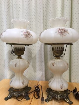 Pair,  2 Vintage Hurricane Gone With The Wind Lamps Fenton Custard Daisy 21 "