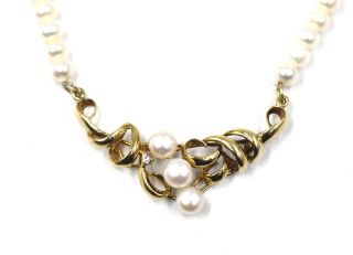 Vintage Diamond Pendant Pearl Strand Necklace Fancy Filigree Clasp 14k Gold 18 "