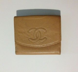 Chanel Bi - Fold Beige Caviar Skin Leather Authentic Vintage Wallet