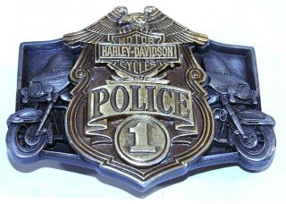 Vintage Silver/bronze Tone Harley Davidson Police 1 Over 2 Bikes Belt Buckle