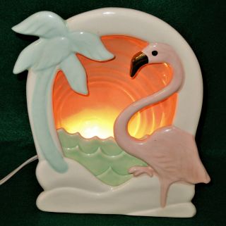 Vintage Pink Flamingo Bird Palm Tree Ocean Waves Gold Beak Tv Lamp Ceramic