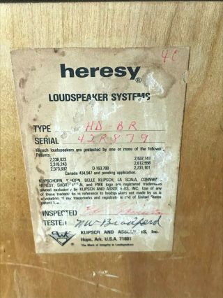 Vintage Klipsch Heresy Loudspeaker Systems Type HD - BR 6